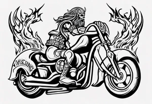 Create a tattoo design of my company called “Viking Customs” i want the name in the tattoo with a skeleton riding a motorcycle into the distance with flames tattoo idea