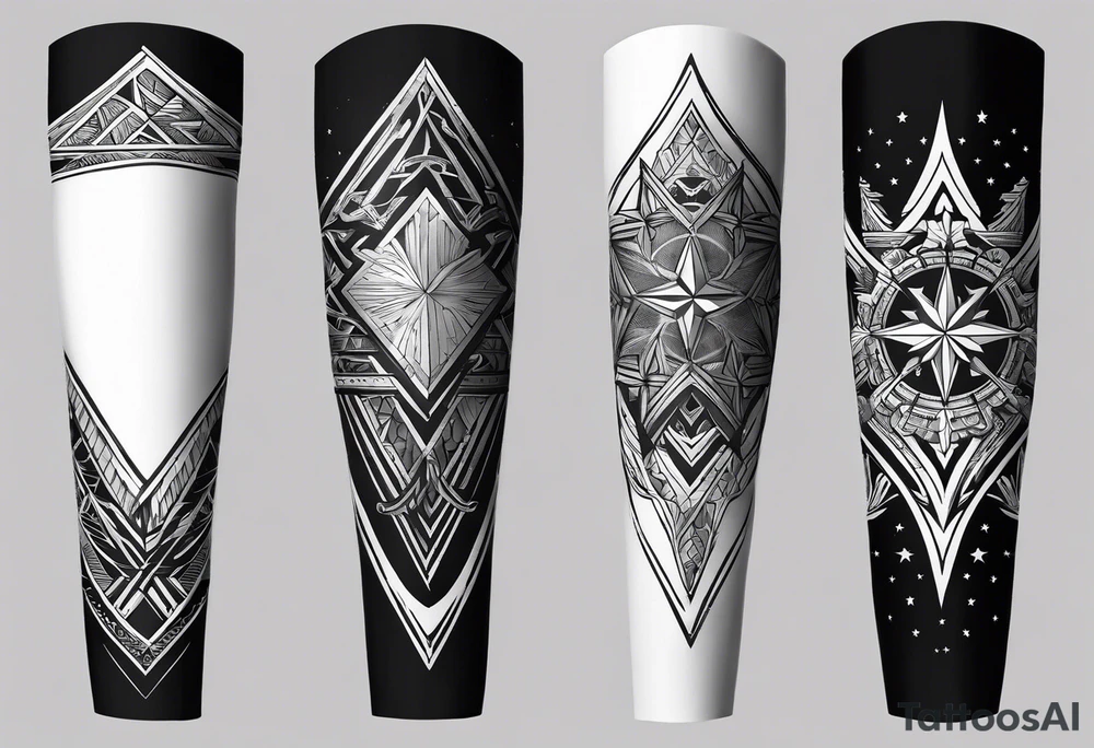 complete upper arm sleeve. Feature three mountain side by side, with 3 stars above them crossed sword patterns that evoke the Valkyrie spirit. Keep the design in clean, simple lines. tattoo idea