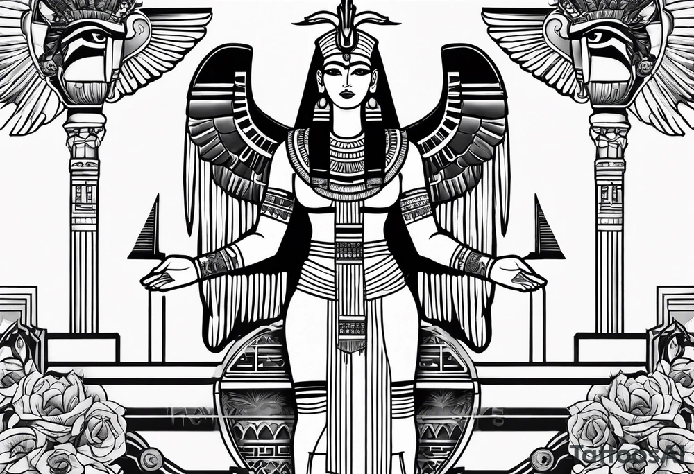 black and white Egyptian goddess Isis tattoo idea