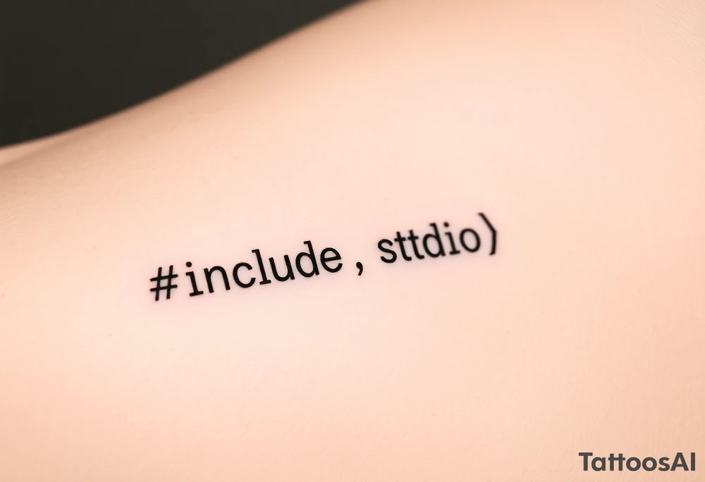 Minimalist black tattoo of the text "#include <stdio.h>" on a human wrist. Clean monospace font (programming style), thin lines, sharp and precise lettering. No colors, only solid black ink. Realistic skin texture, natural wrist curvature, subtle lighting. Simple and elegant composition, no additional elements or decorations. Focus on clarity and readability of the code text. tattoo idea