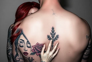 Woman with long red hair and red lipstick with lots of tattoos with  a bald muscular white man with tattoos getting married tattoo idea