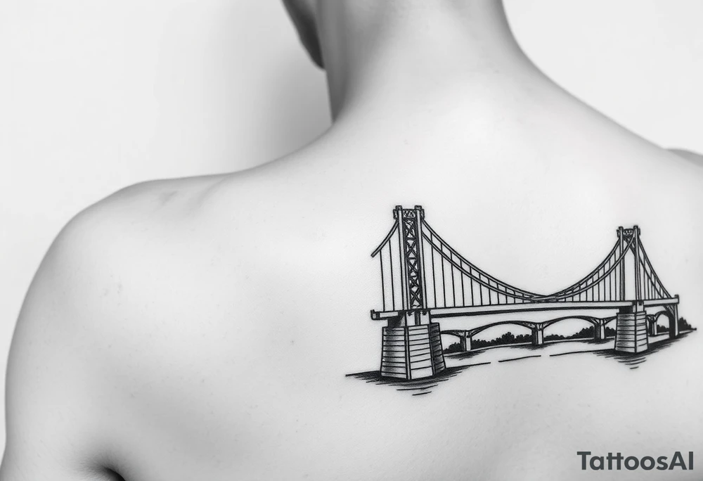 Fine line tattoo of the fort Duquesne bridge with vintage vibes, small and place it on left arm, just above the elbow tattoo idea