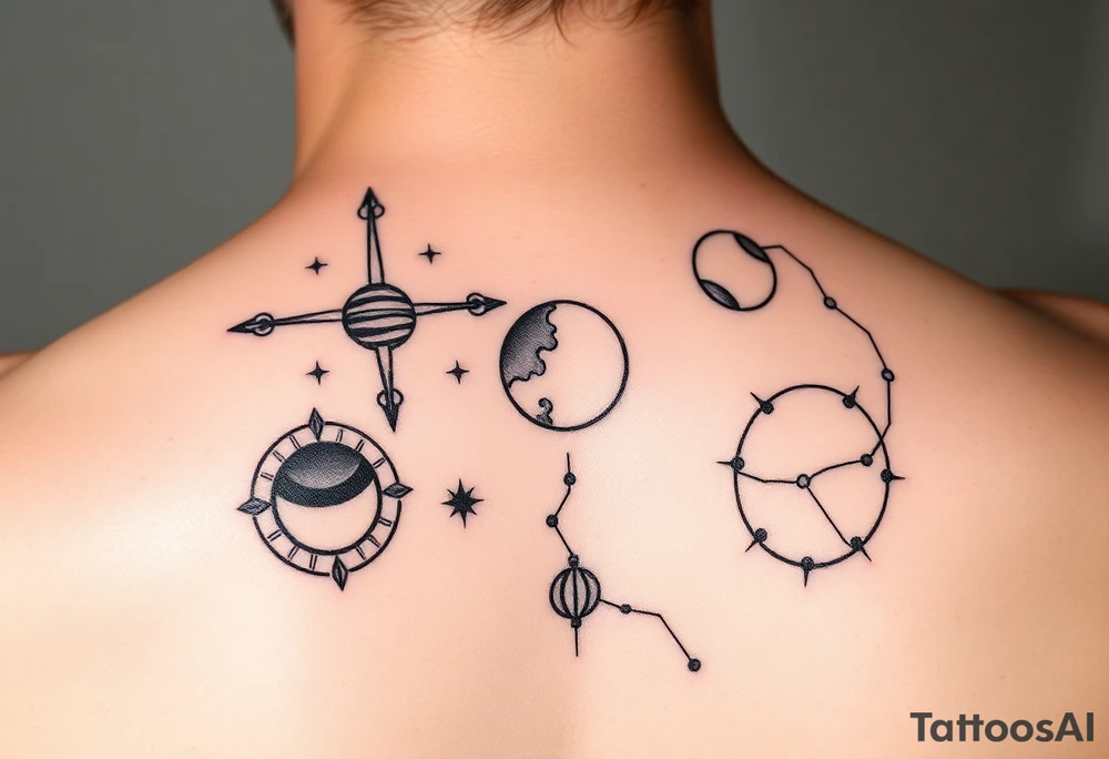 Sagittarius tattoo with fire sign , Jupiter, the moon and Mars with aries constellation. And cancers constellation tattoo idea