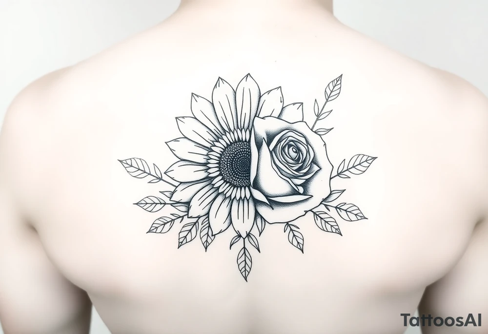 "Hand-drawn tattoo-style illustration of a single symmetrical flower composed of a sunflower on the left half and a rose on the right half, split perfectly down the middle. Surrounding the flower is delicate, symmetrical greenery and leaves. The overall style is simplistic, clean, and in greyscale line art, suitable for a tattoo design. Minimalist and elegant, with fine lines and no shading or color." tattoo idea