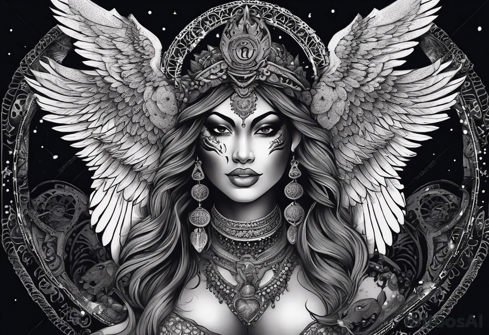 black kali, goddess pirate, alien, angel, pachamama, valkrye, warrior, flying, skull, lotus azul, wing, eagle, zenza resonance, stars, 5D, anahata chakra, death, durga, riding on a tiger, flying lady, kundalini, chest tatoo, samuri, rebel,s erpent tattoo idea