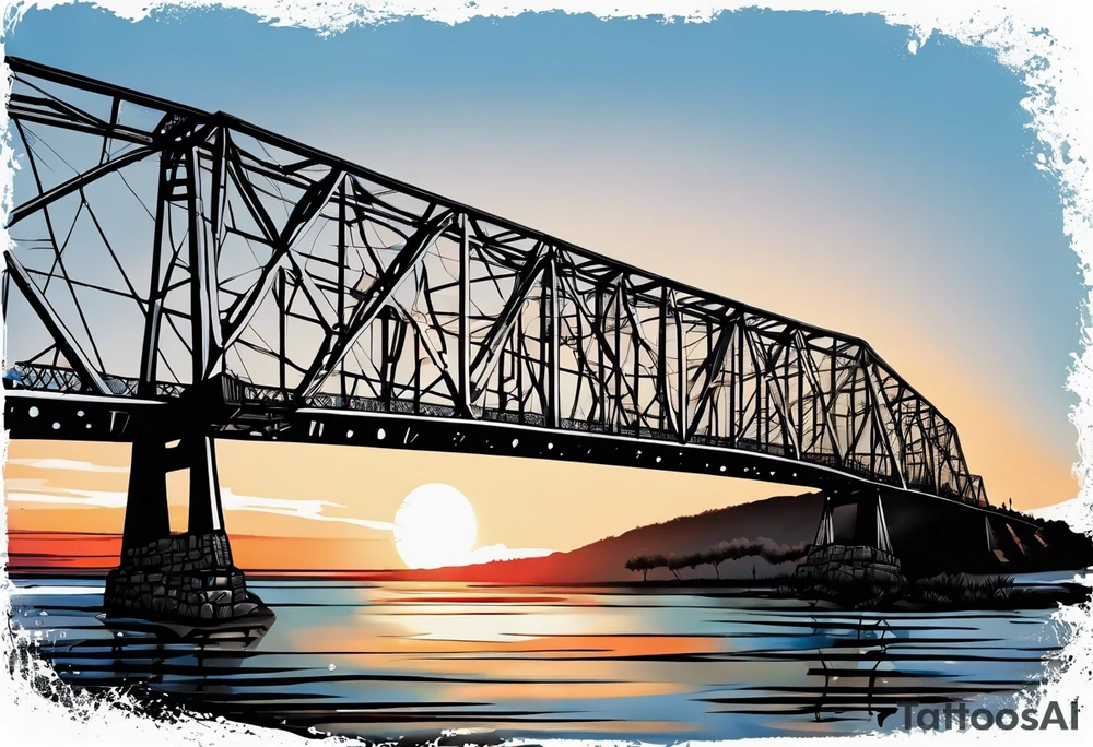 simple line art, view from under steel truss cantilever bridge tattoo idea
