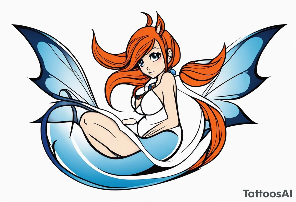 A fairy with a tail inspired by the logo of the show called Fairy Tail in a fetal position leaning in tattoo idea