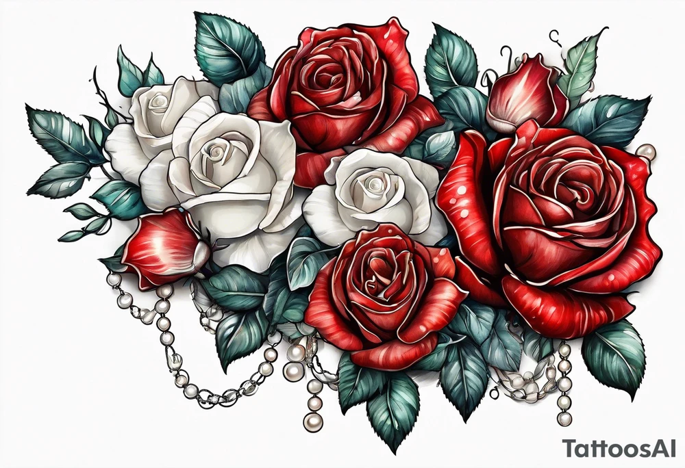 Red roses with a chain made of pearls and seashells tattoo idea