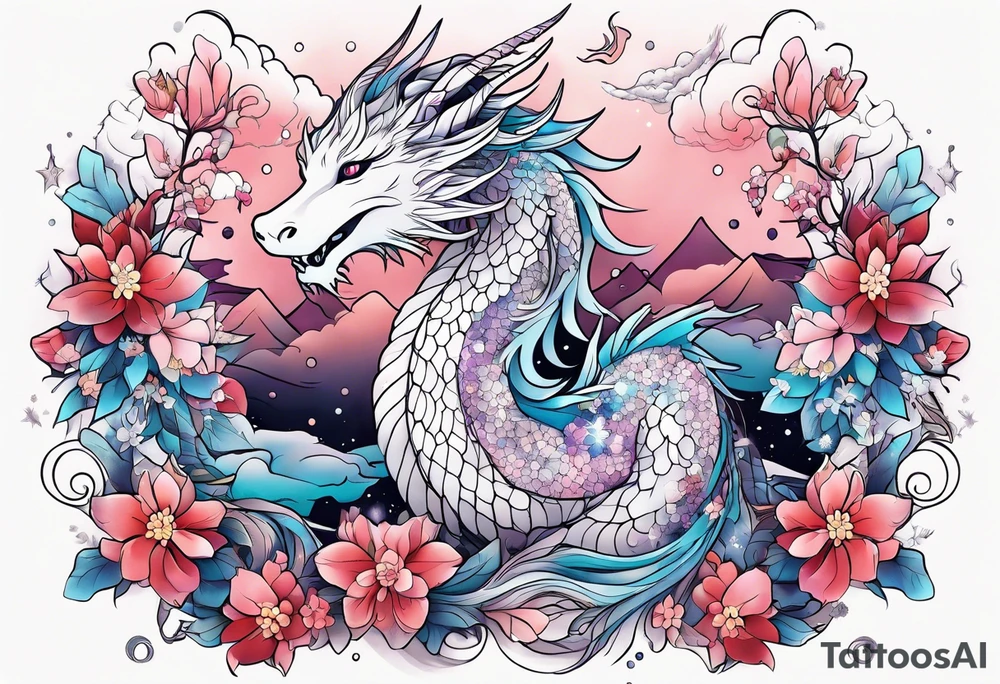 Constellation, wing , snow , cross , dragon female japan kawaii , flower tattoo idea