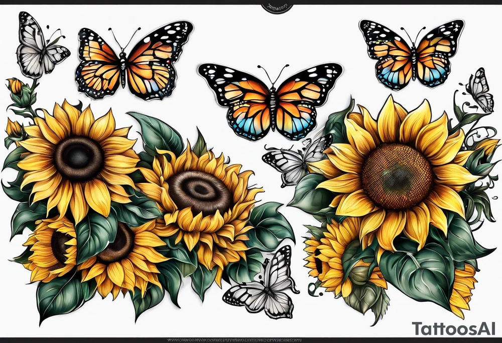 Arm sleeve with sunflowers and butterflies tattoo idea