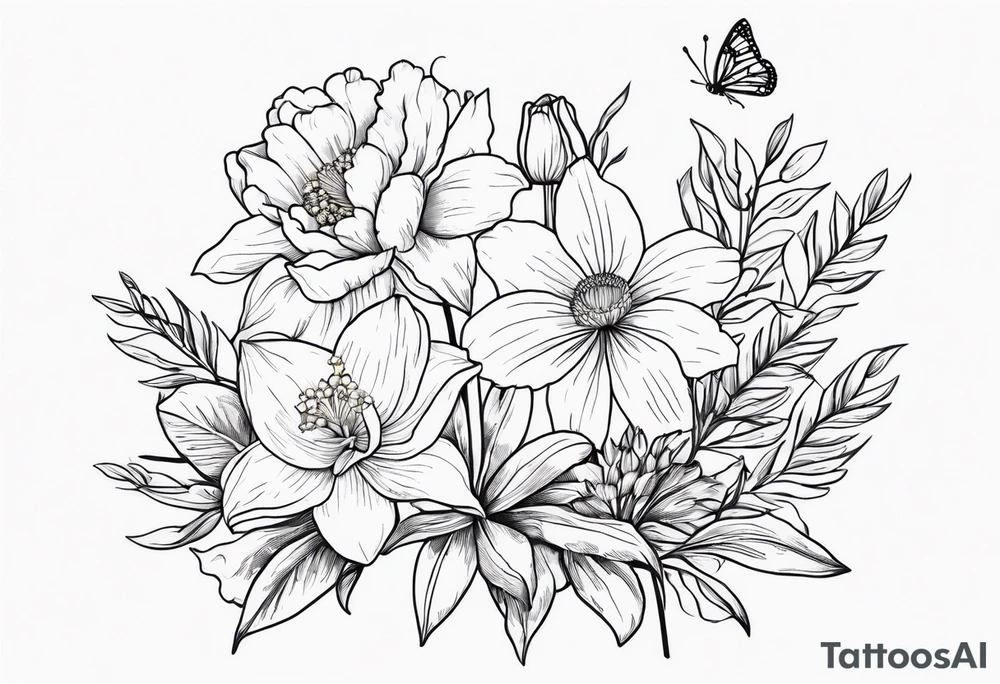 Small line work flower bouquet (show stems) with 1 daffodil, lily of the valley, 1 poppy, 1 peony, 1 chrysanthemum, and some leaves. Put a butterfly above the daffodil tattoo idea