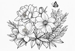 Small line work flower bouquet (show stems) with 1 daffodil, lily of the valley, 1 poppy, 1 peony, 1 chrysanthemum, and some leaves. Put a butterfly above the daffodil tattoo idea