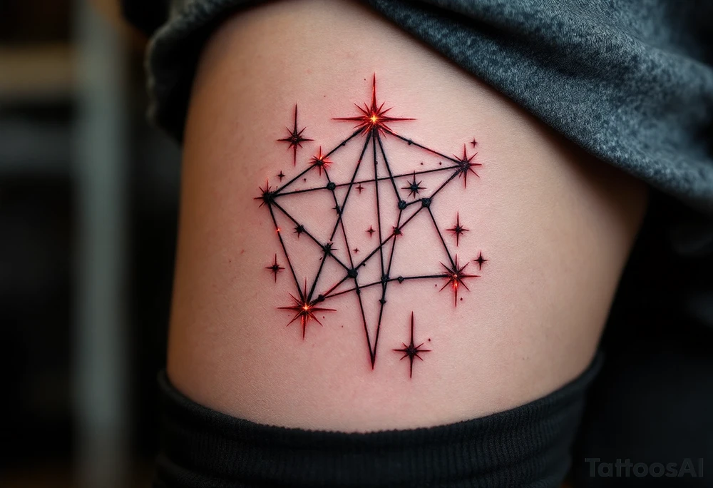 A stylized Aries star constellation is inked in electric red with small fire-like sparks around each star. tattoo idea