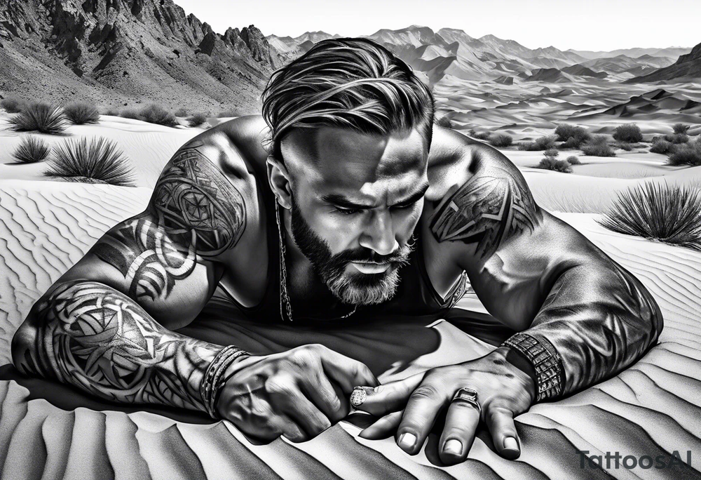 man crawling in a desert reaching to the cross of Christ tattoo idea