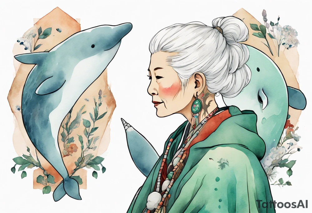 a 45-year-old Sami woman with white  hair wearing a white and mint cloak next to a narwhal tattoo idea