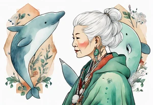 a 45-year-old Sami woman with white  hair wearing a white and mint cloak next to a narwhal tattoo idea