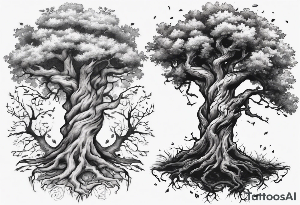 Two oak trees growing together forearm tattoo idea