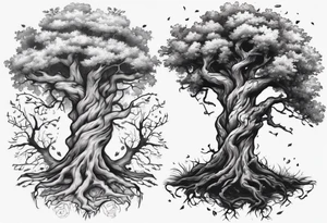 Two oak trees growing together forearm tattoo idea