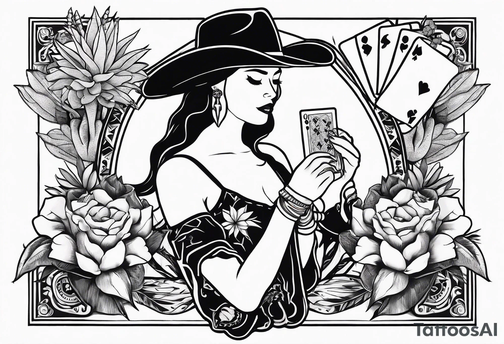 womens western sticker tattoo arm sleeve with playing cards, bullskull, snakes, and cactuses with flowers in the background tattoo idea