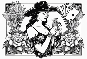 womens western sticker tattoo arm sleeve with playing cards, bullskull, snakes, and cactuses with flowers in the background tattoo idea