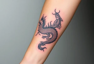 A mythical dragon with a Koi fish and Oma with flowers around it Japanese style on forearm tattoo idea