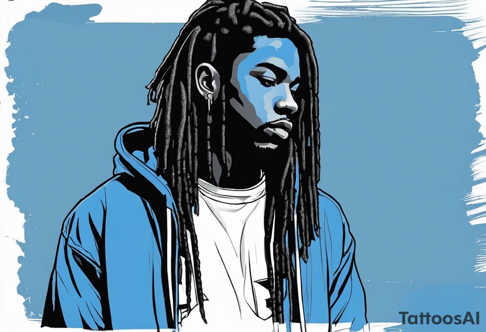black well built teen with with a grey hoodie on and blue jeans with long dreads turning into a blue wildcat in various spots on his body. I want his hoodie appear as if its been ripped in random places from the inside with I Carolina blue football jersey showing underneath that reads Camden tattoo idea