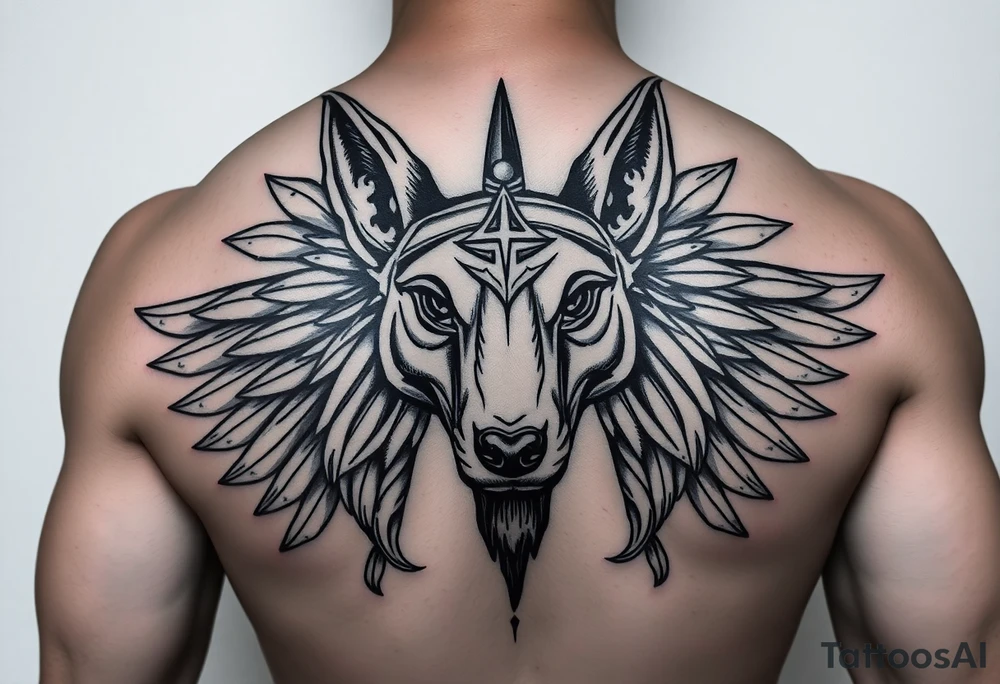 Egyptian Anubis god face muscle in Egypt style dog face surrounded Egyptian symbols tattoo idea