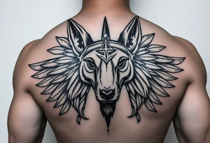 Egyptian Anubis god face muscle in Egypt style dog face surrounded Egyptian symbols tattoo idea