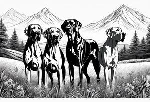 Full arm sleeve. Four Great Danes playing in field together with mountains in background tattoo idea