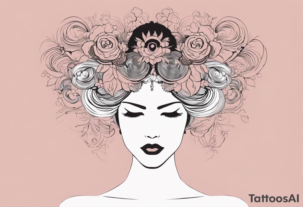 A ilustração deve representar Oxum Opará, tendo uma figura feminina no centro. Sua cabeça é adornada com uma coroa, tendo contas presas na coroa que cobrem seu rosto. Seu cabelo está preso em uma trança. Na mão esquerda carrega um Abebé, que é espelho. Na mão direita carrega uma adaga, uma pequena espada. tattoo idea