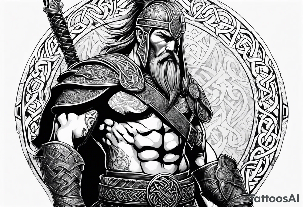 Celtic warrior facing side with weapons drawn tattoo idea