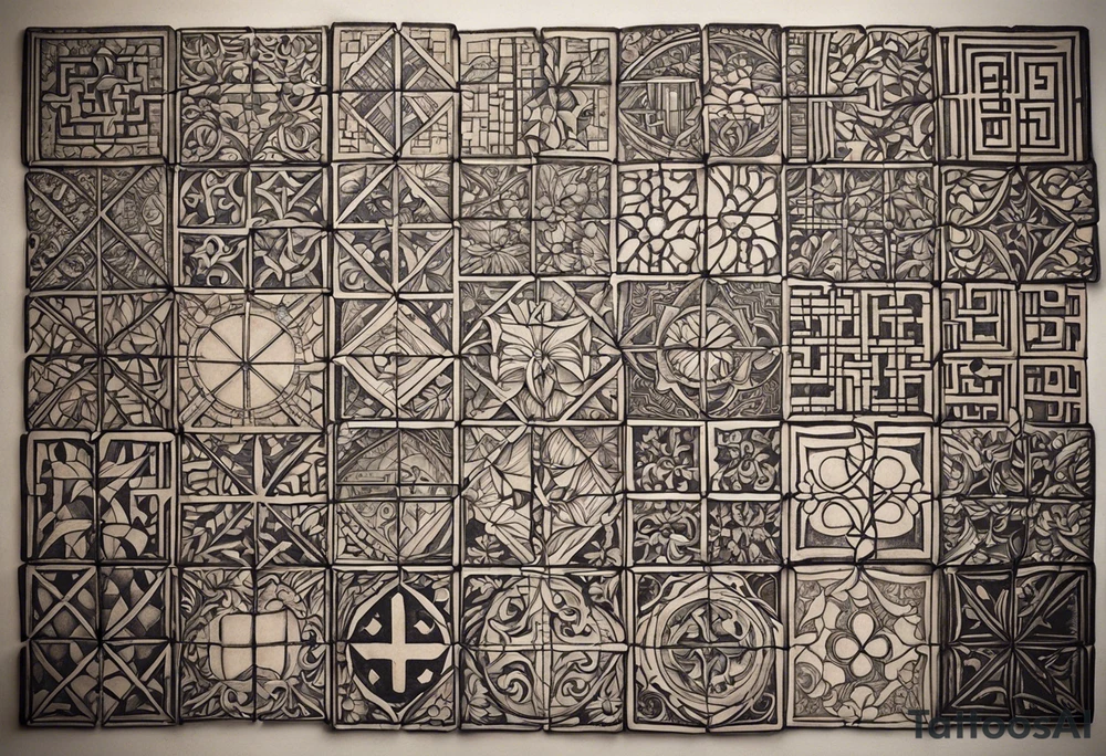 Make a forearm tattoo of 12 medium sized puzzle pieces On dark skin. Make it where the background of each puzzle piece is a sketch of the 12 disciple in the Bible, but make Jesus Christ the primary focus. Make them all look middle eastern. I want one piece to be disconnected and let that piece be a sketch of Judas Iscariot. Use a realistic texture tattoo idea