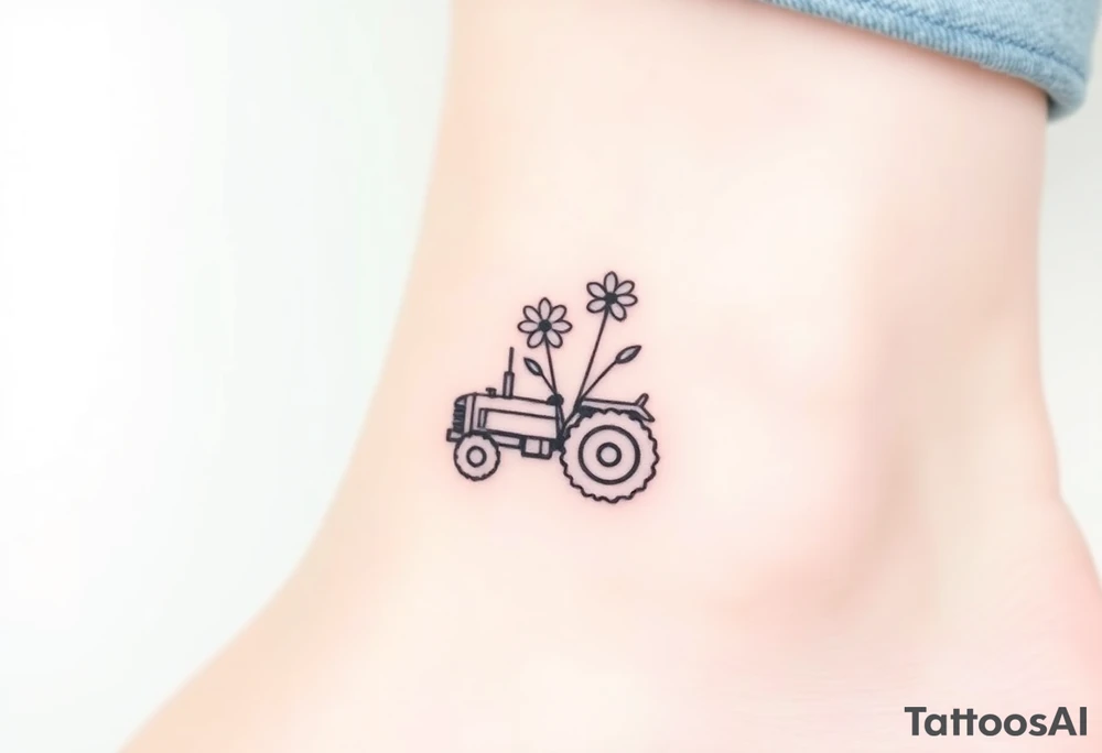 Petite small tractor with two flowers on it tattoo idea