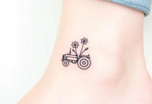 Petite small tractor with two flowers on it tattoo idea