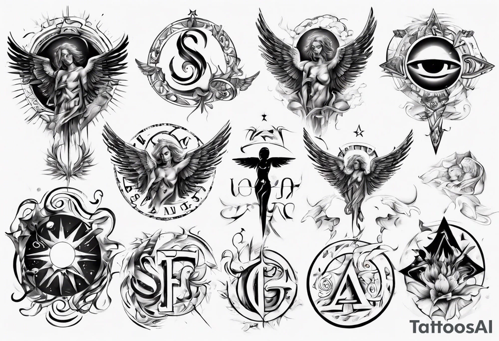 abstraction with sun and letters and angels tattoo idea
