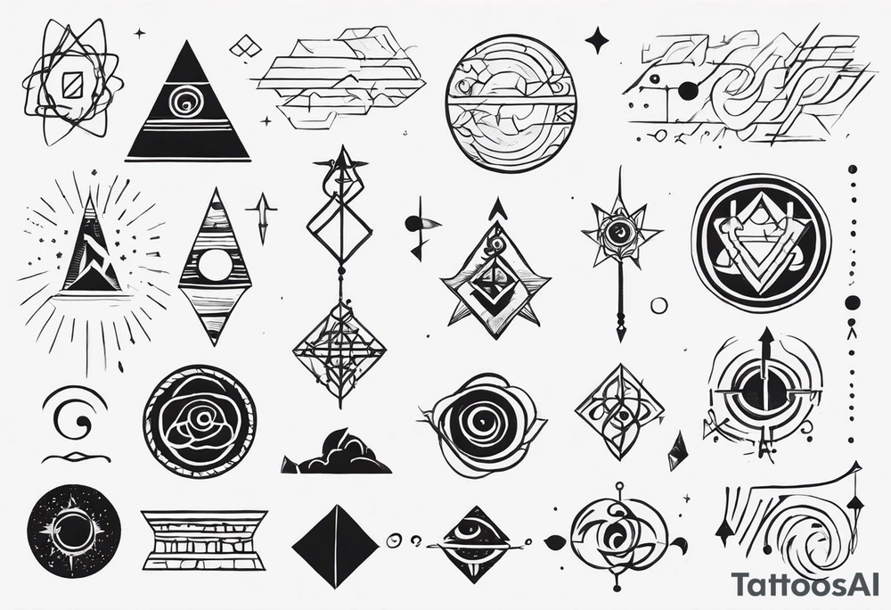 I want a mysterious enigmatic tattoo, with mysterious symbols and phrases, with the meaning of curiosity about conspiracy theories, the future, and the past, something that completes the upper part of the arm that is between the middle of the arm and the shoulder tattoo idea
