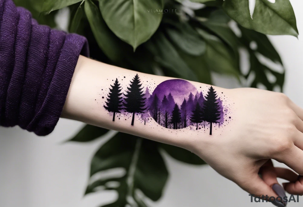 forest, abstract, on hand, no people, purple and black, full, whole wrist wrapped, filled tattoo idea