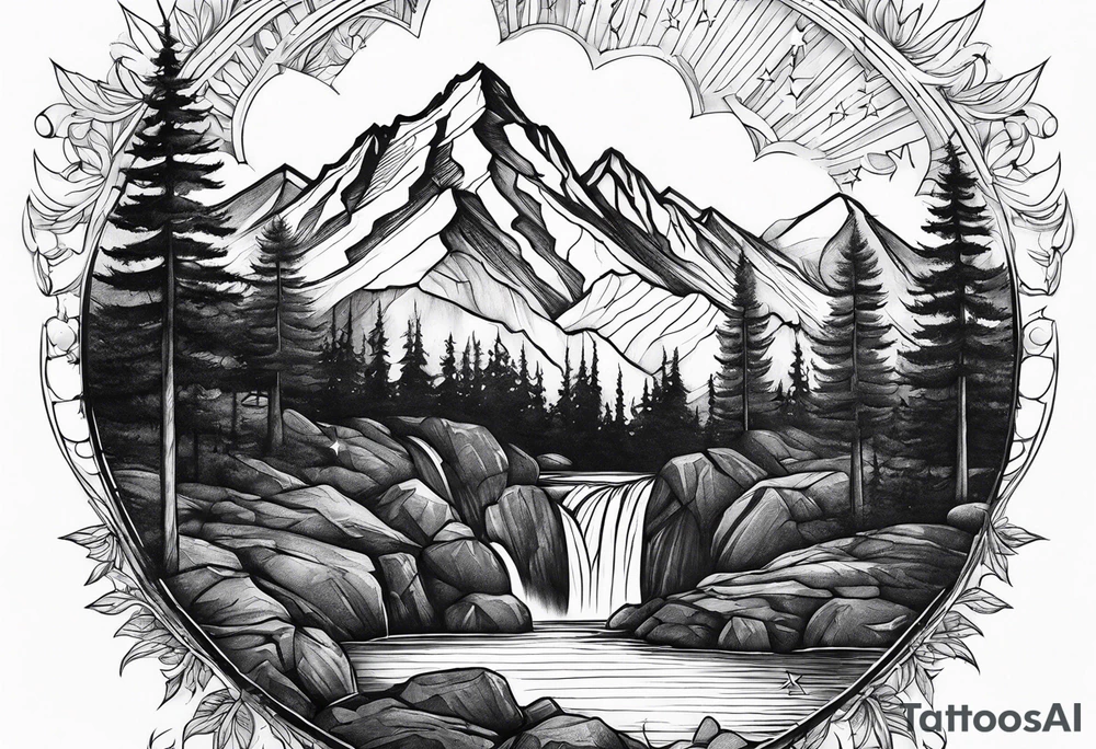 mountains, nature, stars, cross, waterfall, water tattoo idea