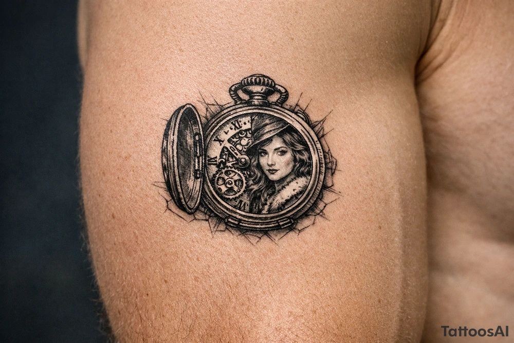 Victorian pocket watch, Margo's portrait inside, intricate brass clockwork mechanism. tattoo idea
