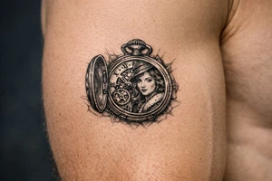 Victorian pocket watch, Margo's portrait inside, intricate brass clockwork mechanism. tattoo idea