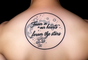 Big half moon with writing inside saying Forever in our hearts forever in the stars 
RIP 
ANTHONY LAMONT DEAL tattoo idea