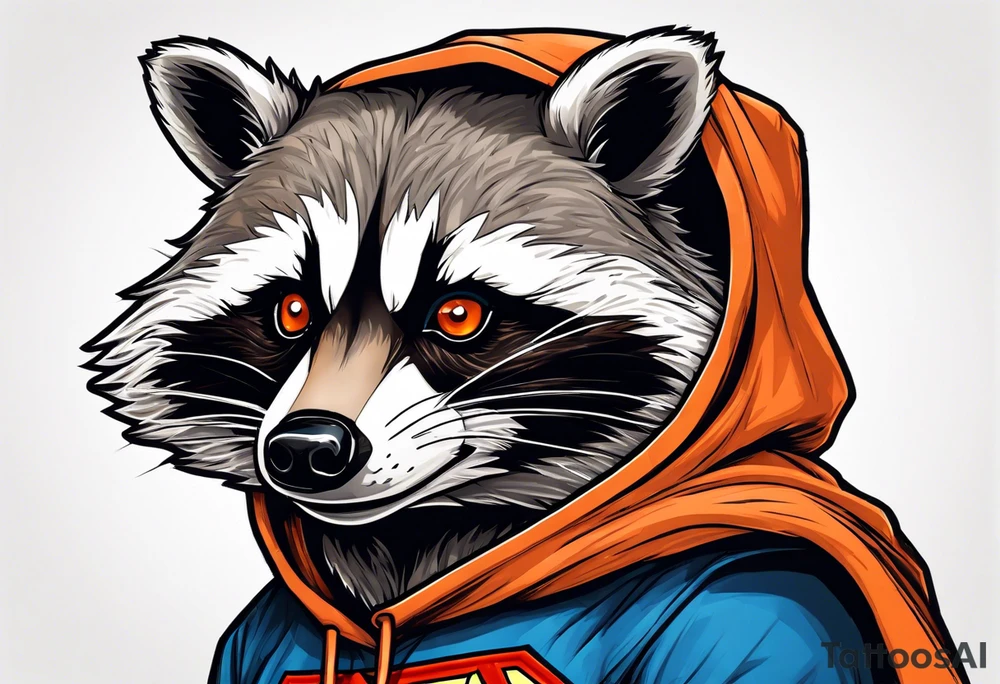 Raccoon wearing an orange Superman hoodie tattoo idea