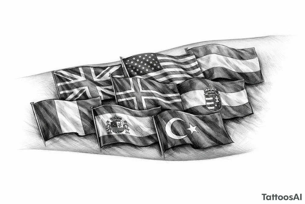 England USA Iceland Italy Spain Turkey France Hungary flags inside forearm tattoo idea