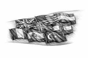 England USA Iceland Italy Spain Turkey France Hungary flags inside forearm tattoo idea