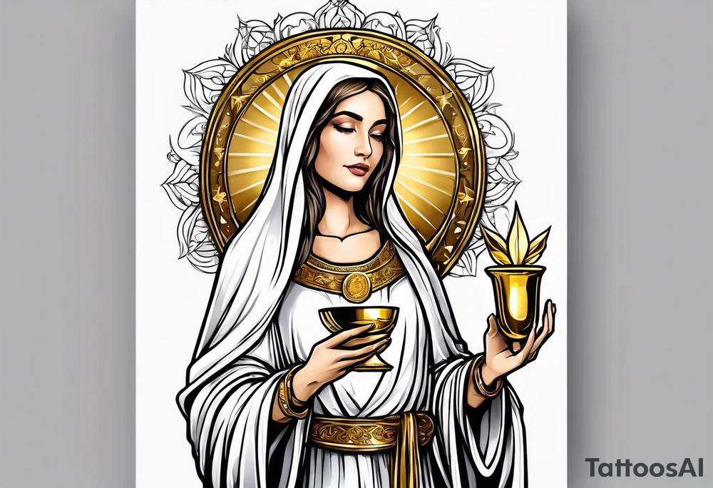 holy saint woman with golden halo holding a chalice tattoo idea