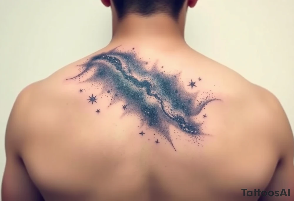 Beautiful and epic 3d milky way that appears to be what is beneath the skin. Make it drape over the shoulder and move to the middle back. use negative spaces to create stars and dust. Keep it symmetrical tattoo idea