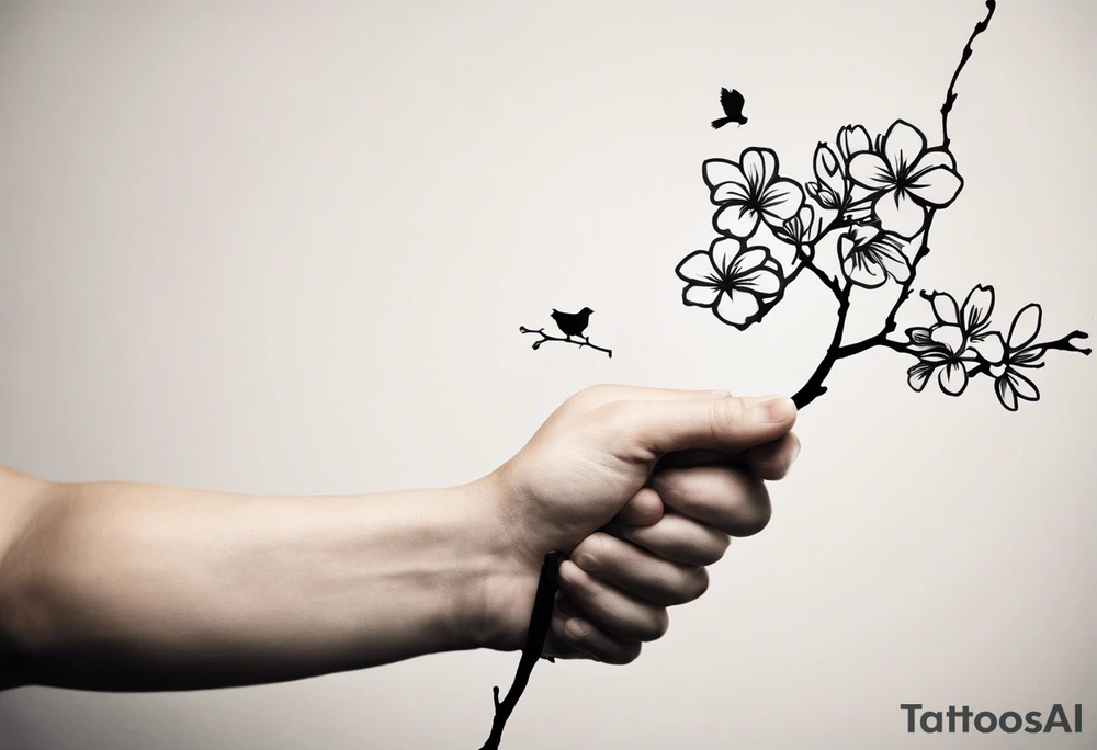 i have a human hand pointing at a skeleton hand tattoo on my left shoulder, the human hand is on the left and ends 3 cm into the wrist of the hand, i want a cherry blossom branch to sprout out of the wrist on the tattoo, then travel down to my arm and wrap around my bicep once, this bit can be floral, then it needs to narrow down and fit through a 7 cm gap in on my forearm then eventually ending in a 10 cm gap on my wrist, this gap can be filled with more blossom flora, this tattoo needs to go all the way down my arm so it needs to be long, the tattoo will start at my shoulder and go all the way down my arm tattoo idea