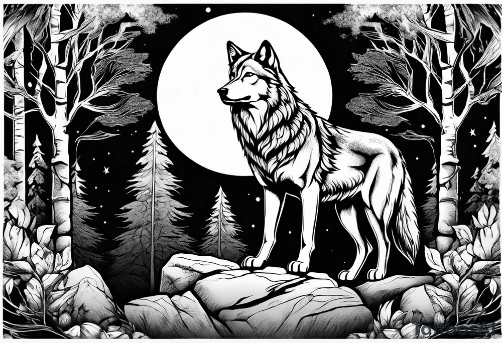 Wolf on top of a rock howling at the full moon, surrounded by trees tattoo idea