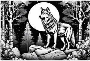 Wolf on top of a rock howling at the full moon, surrounded by trees tattoo idea