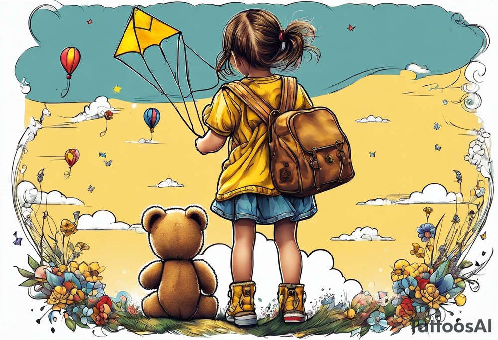 back image of a little girl flying a kite with a teddy bear in yellow overalls standing beside her tattoo idea
